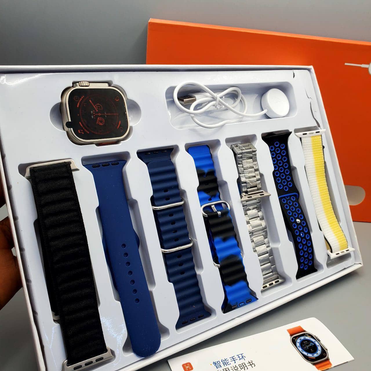 Ultra 7 in 1 Straps 2.1 Inch HD Screen & Bluetooth Calling Smart Watch With 7 Different Straps Kit-Wireless Charging