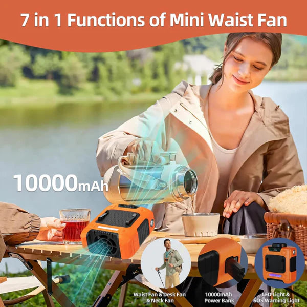 Waist Fan - Portable Neck Fan with 10000mAh Battery, 24-Hour Runtime, LED SOS Light, 3 Speeds, 15500RPM Strong Airflow - Ideal Belt Clip Fan for Jobsite, Farming, Fishing