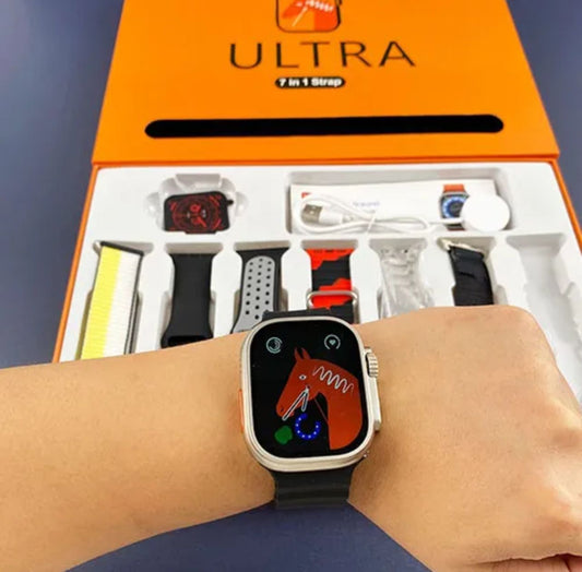 Ultra 7 in 1 Straps 2.1 Inch HD Screen & Bluetooth Calling Smart Watch With 7 Different Straps Kit-Wireless Charging