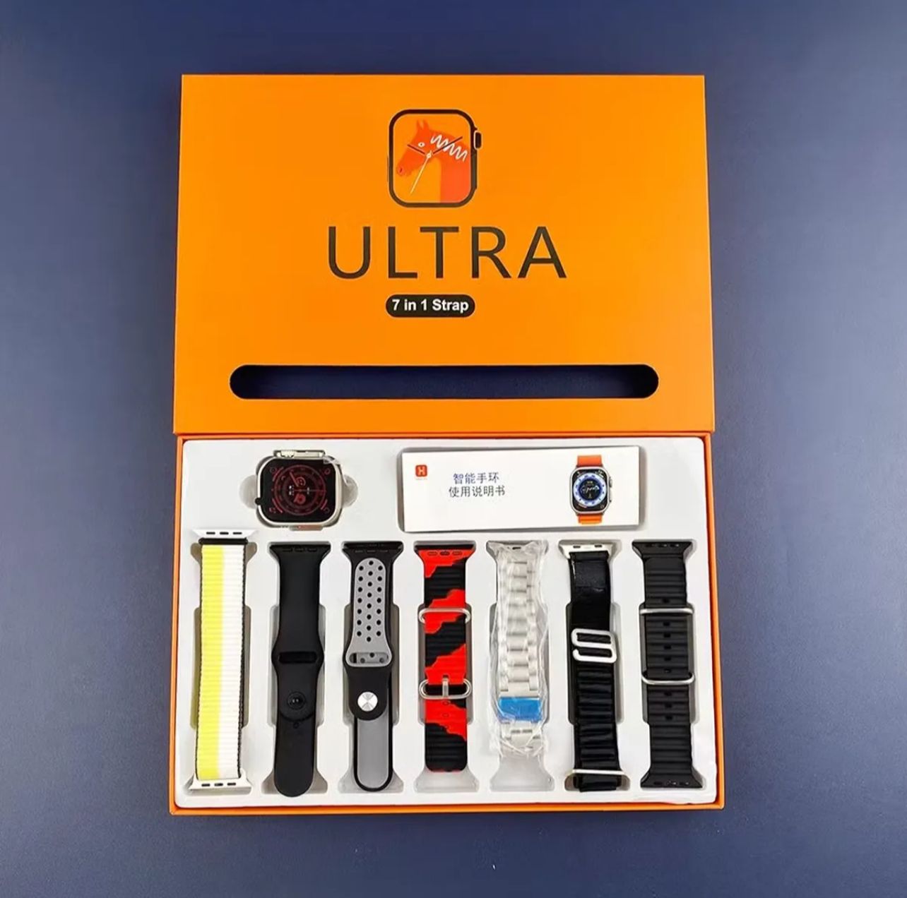 Ultra 7 in 1 Straps 2.1 Inch HD Screen & Bluetooth Calling Smart Watch With 7 Different Straps Kit-Wireless Charging