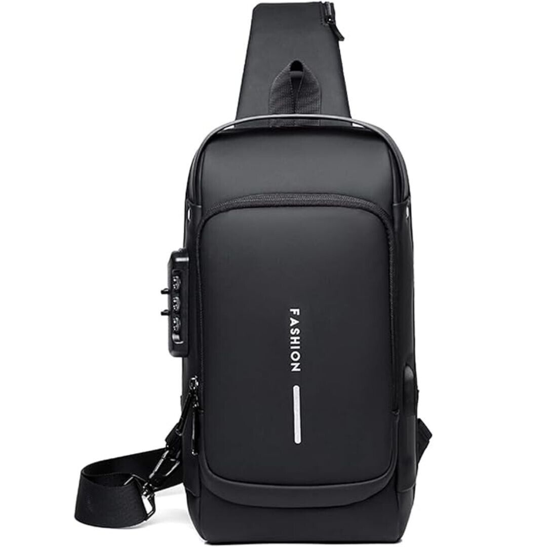 Fashion Men Sling Bag Pack with Lock Waterproof -Theft Chest Bag with USB Charging Port Shoulder Bag Body Backpack